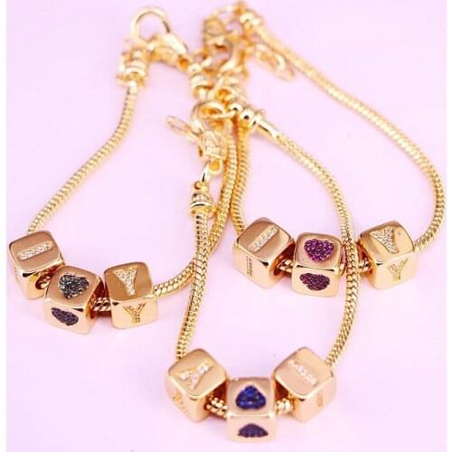 2PCS, New Fashion Metal Chain Top Quality Gold Color Jewelry CZ Dice Spacer Bead Lover Bracelets Bangles
