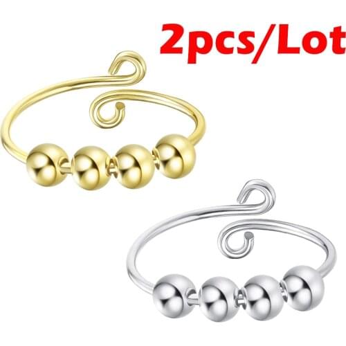 2pcs Anxiety Ring Balls For Women Stainless Steel Fidget Spinner Anxiety Bead Ring Adjustable Rotate Freely Anti Stress Jewelry