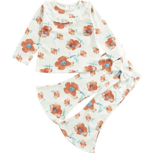 2021 0-6Y Sweet Toddler Girl Clothing Ruffle Floral Print Long Sleeve Blouse+Bow Flare Pants Spring Autumn 2pcs