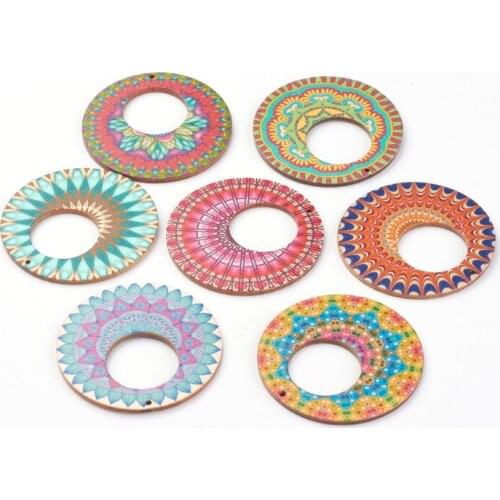 20pcs Printed Wooden Big Pendants for necklace jewelry making , Flat Round with Pattern, Mixed Color 60x2.5mm, Hole: 1mm F80