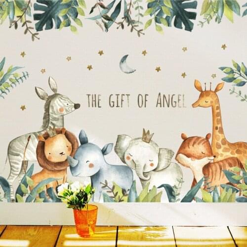 Jungle Animal Tree Cartoon Wall Stickers Giraffe Tiger Lion Green Leaf for Kindergarten Background Kids Room Sticker Art Mural