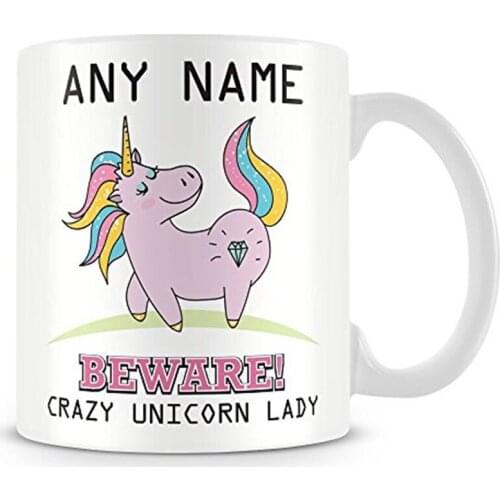 Unicorn Mug - Personalised Gift - Add Name and Text - Beware Crazy Unicorn Lady Cup