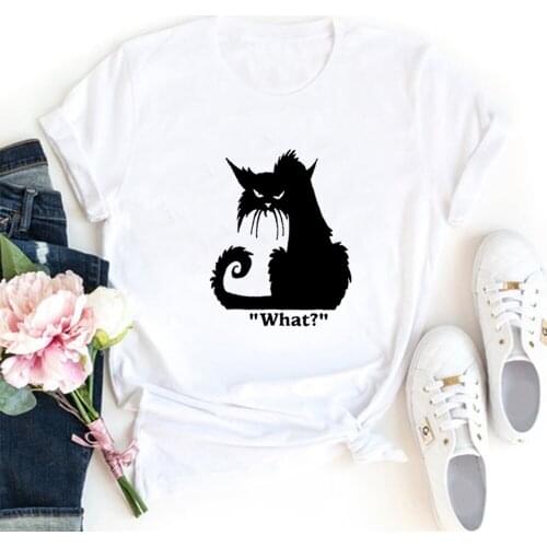 Cat Print Funny T Shirt Women Top Cotton Short Sleeve Tshirt Women White Tee Shirt Femme Casual Camiseta Mujer Black & White