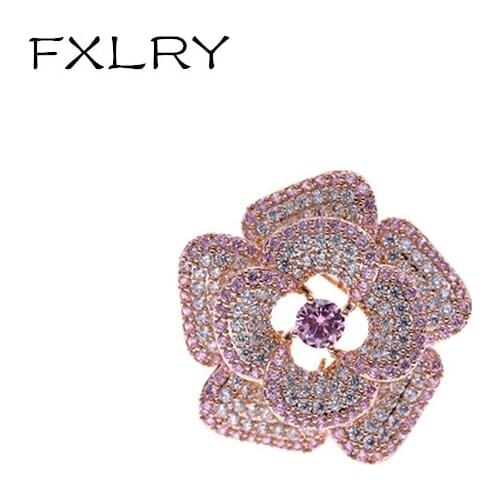 FXLRY Elegant AAA cubic zirconia Rose gold pink camellia suit brooches womens sweater brooch jewelry