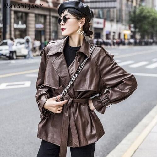 High quality Women Autumn New Loose Faux PU Leather jacket with belt Female Plus size High street Casual Biker Motorcycle jacket