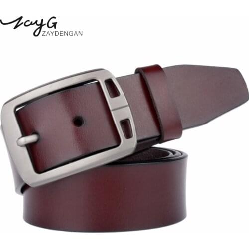 ZAYG Designer leather belt men strap male genuine leather luxury fashion pin buckle belts for men Brand Jeans Vintage brown Belt