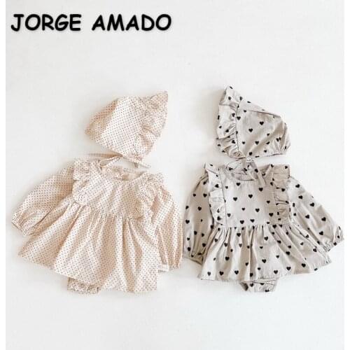 2021 New Spring Kids Girls Bodysuit Long Sleeves Dot Love Heart Jumpsuit with Cap Cute Style Children Clothes E1024