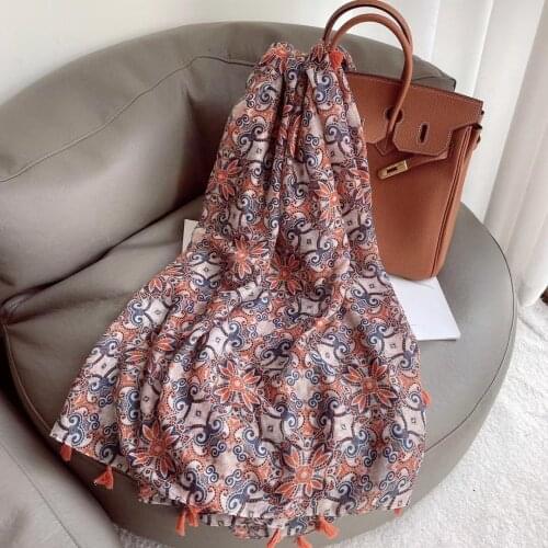 2021 Newest Vintage Flower Print Tassel Scarf Shawls Long Soft Floral Scarves Hijab Wrap