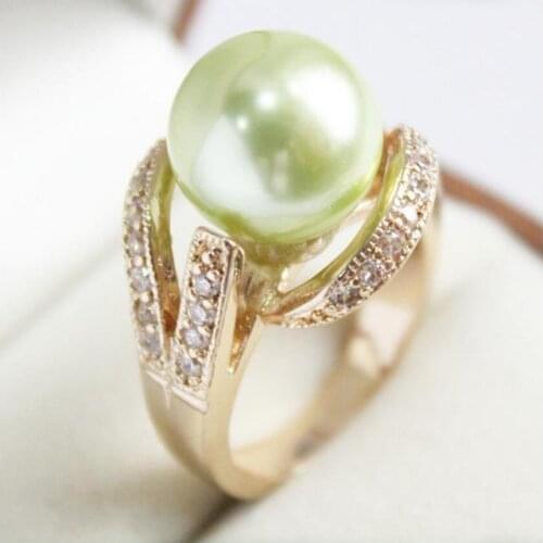 Beautiful new jewelry 18KGP with crystal decorated &12mm light green shell pearl rin