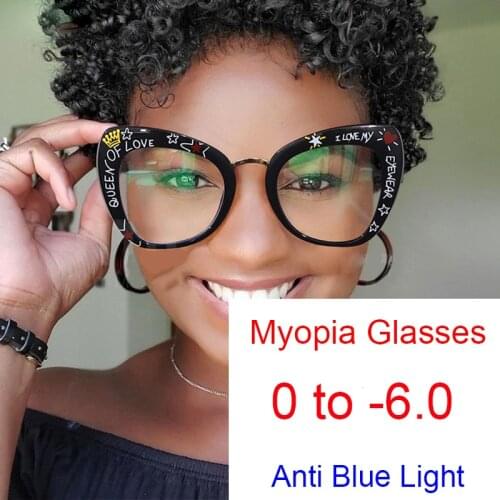 Finished Letter Cat Eye Myopia Glasses WomenTransparent Computer Optical Lens Shortsighted Eyewear Prescription Eyeglasses Frame