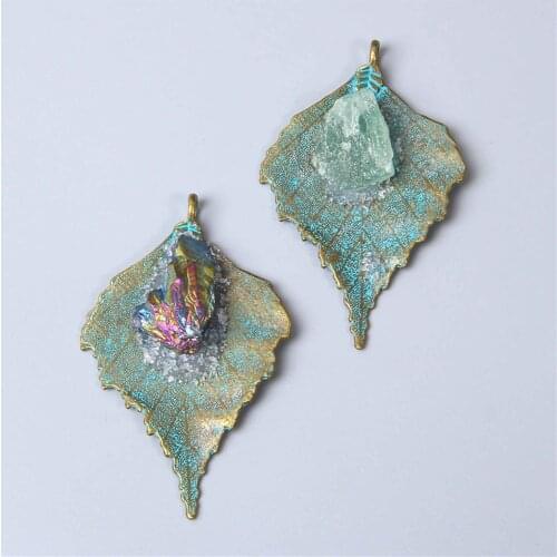Ancient Bronze Green Leaf Pendant 1 pc 45*72 mm Druzy Crystal Green Fluorite Charm For DIY Making Jewelry Necklace pendientes