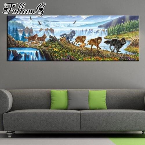FULLCANG waterfall diy 5d full diamond embroidery sale animals running wolf large mosaic canvas painting wall decoration FC2091