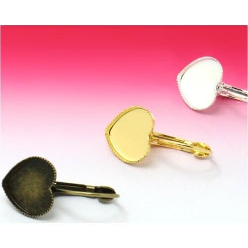 20pcs 12mm Hoop Earring Heart-shaped Cameo Setting Tray Silver Gold Plated Antique Bronze Earring DIY Jewelry Handwork findings