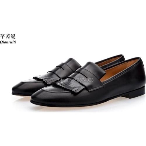 Qianruiti Fringed Loafers Mens Party Wedding Shoes Slip on Flats Business Smoking Casual Shoes Men Big size