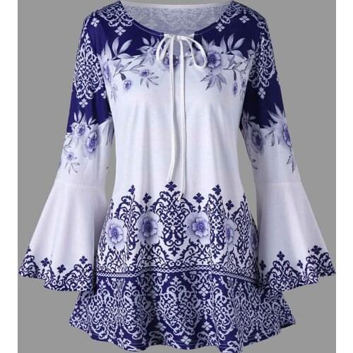 Autumn 5XL Plus Size Women Bandage Long Sleeve O-Neck Floral Print Loose Blouses Casual Lace Fashion Tops Shirts Blouses