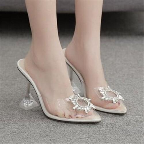 Women sandals PVC Sequined Cloth Slip On 11cm Thin Heels High heels Pointed Toe Rhinestones Shallow women shoes size 35-42