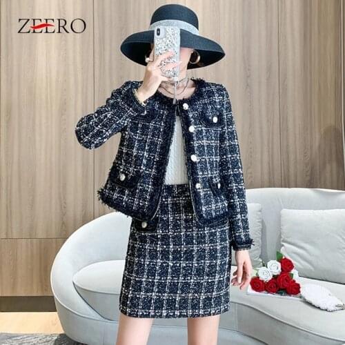 2020 Winter Tweed 2 Piece Sets Outfits Women Plaid Fringed Trims Short Jacket Coat + Mini Skirt Set Suit Female Wool Tweed Set