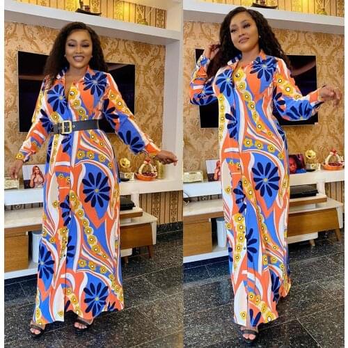 HGTE Long Sleeve African Dress For Women Fashion Shirt Collar African Loose Long Dashiki Traditional Party Maxi Dress For Lady