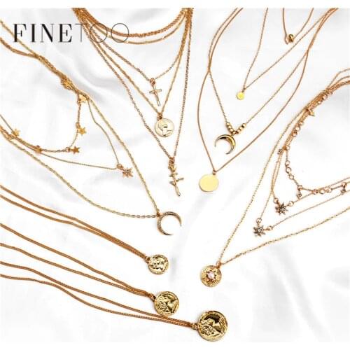 Bohemian Multi Layered Necklace Women Choker Vintage Gold Color Crystal Star Moon Coin Necklace Collares Statement Jewelry