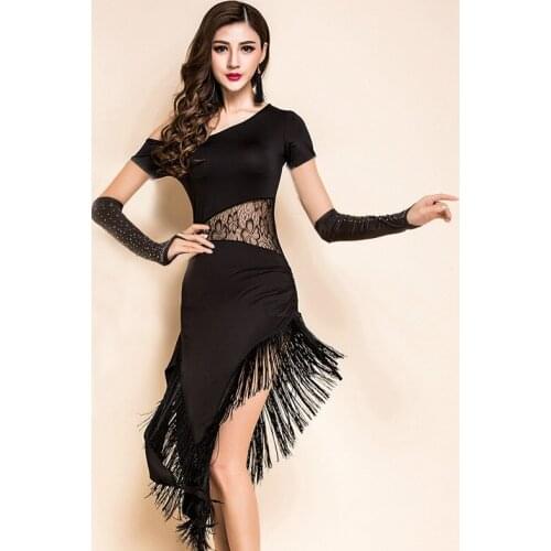 Women Black Sexy Latin Dance Dress Ladies Tassel Competition Ballroom Dance Dresses Tango / Rumba/ Salsa Dance Wear Outfit 90