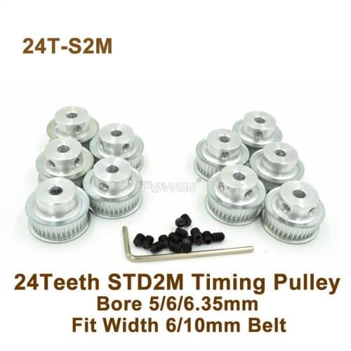 POWGE 24 Teeth S2M Timing Pulley Bore 5/6/6.35mm Fit W=6/10mm STD2M Synchronous Belt 24T 24Teeth STD2M Timing Belt Pulley 24-S2M