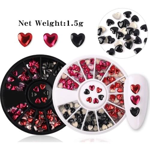 1 Box Valentines Day Mixed Color Heart Design 3D Nail Art Decoration in Wheel Flat Glass Stone Shiny Nail Rhinestone Decor