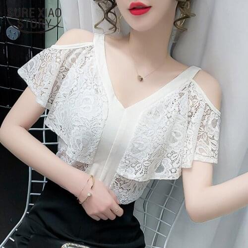 2021 Summer New Sexy Off-shoulder Ruffle Tops Simple V-neck Slim Lace Blouse Black White Shirts Plus Size 3XL Blusas Mujer 14055