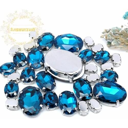 5 SIZES 30PCS Free shipping! Peacock blue oval shape Glass Crystal sew on rhinestones with calw Diy wedding decoration