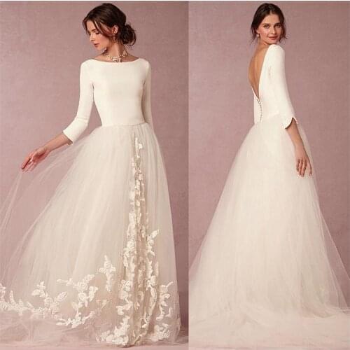 Elegant Spandex and Tulle Bateau Neckline A-line Wedding Dresses with Lace Appliques Three Quarter Sleeves Bridal Dresse