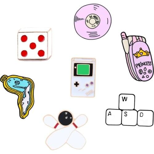 Colection Enamel Pins CD Keyboard Twisted Clock Phone Badges Dice Bowling Brooches Denim Shirts Lapel Pins Cartoon Jewelry Gift