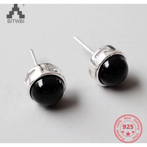 Classic 925 Sterling Silver Stud Earrings Geometry Black Agate Lover Gift Unisex Couple Fine Jewelry