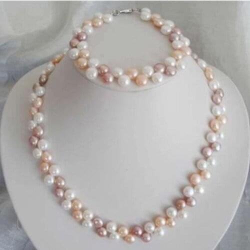 Fashion jewelry set 7-8mm White/Pink/Purple Akoya Cultured Pearl Necklace Bracelet Set