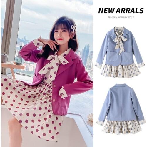Girls Clothing Set 2021 Autumn Jacket Bow Dot Dresses Two Pieces Suit for Teenage Clothes 8 10 12 Years School Kids Girl Outfits