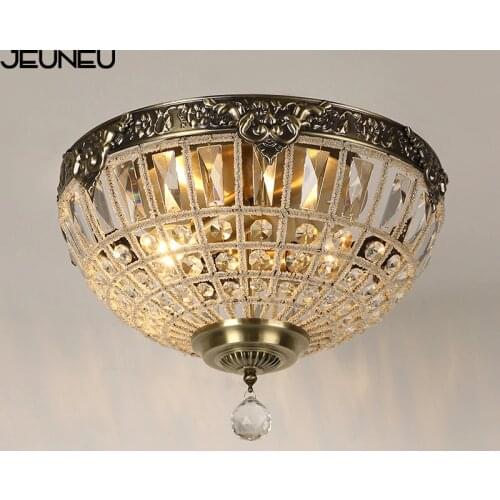 Retro vintage crystal & metal 220 V E27 led round ceiling lamp for living room bedroom meeting room hotel room hall lighting
