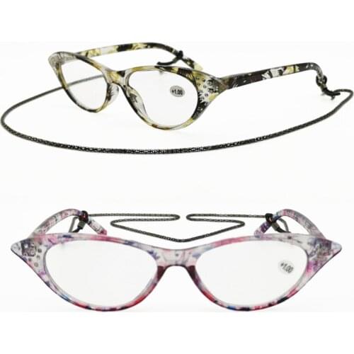 Fashion cateye shape reading glasses S5022 acrylic diamonds decoration with hanging necklace strap for women