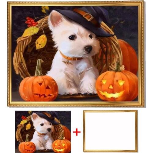 Framed Diamond Painting Animals Dog Diamond Embroidery Full Round Drill Halloween Cartoon Pumpkin Art Painting Rhinestones