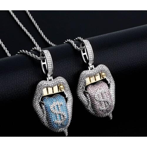 Hip Hop Claw Setting 5A+ CZ Stone Bling Iced Out Dollars Mouth Tongue Pendants Necklaces for Men Rapper Jewelry Drop Shipping