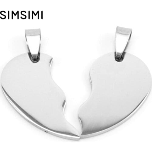 Simsimi stainless steel half hearts pendant lovers heart blank pendant mirror high polish tag wholesale charms 50pairs