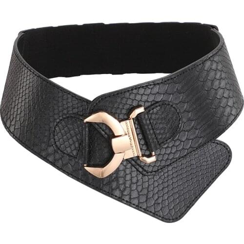 Fashion Women PU Waist Belts Solid Stretch Elastic Obi Wide Belt Skirt Dress Adornment Retro Crocodile Pattern Ladies Waistband