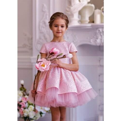 Tutu Pink Tulle Sequins Flower Girl Dress V Back Cap Sleeve Knee Length Baby Girl Birthday Party Gowns