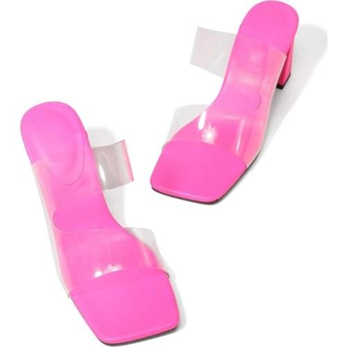 Rose Red PVC Transparent Jelly Shoes Summer Outdoor Women Slippers Fashion Square Toe Sandals Sexy Party Dress Thick High Heels
