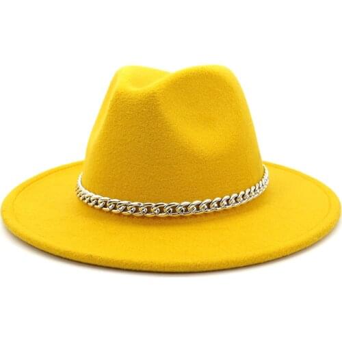 2020 High Quality Wide Brim Fedora Hat Women Men Imitation Wool Felt Hats with Metal Chain Decor Panama Fedoras Chapeau Sombrero