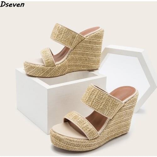 Womens Roma Shoes Increased Thick-soled Thick-heeled Round Toe Wedge Slippers Summer New Ladies Platform Straw Sandals Hot