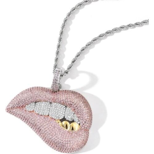 Hip Hop CZ Stone Bling Iced Out Sexy Biting Lip Pendants Necklaces for Men Women HIPHOP Rapper Jewelry