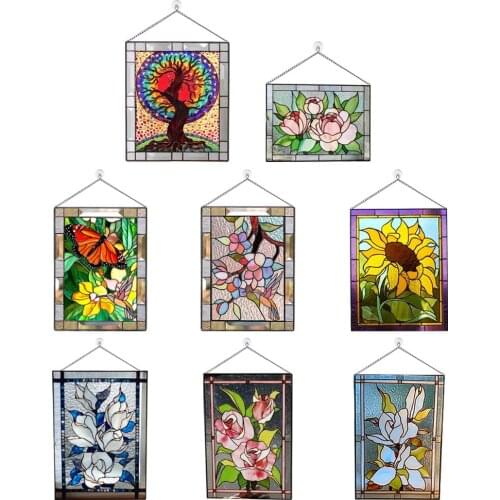 Stained Glass Window ings, Stained Glass Window Panel, Gorgeous Flowers with Chain - Art Style