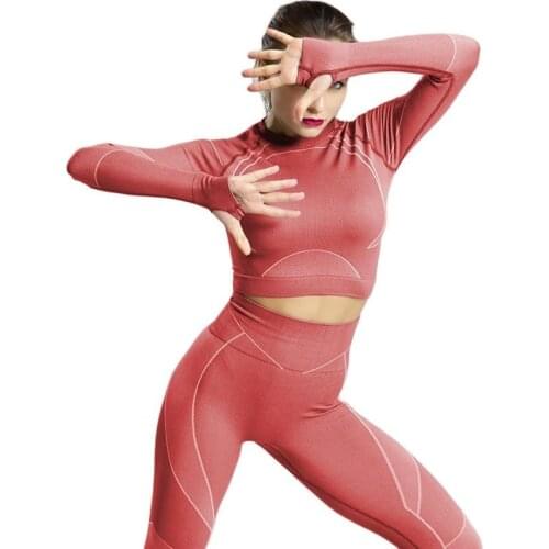 High Waist Women Sports Leggings Long Sleeve Top Women Fitness Gym Sets Solid Color Running Set Lines Knitted Sportswear Suits