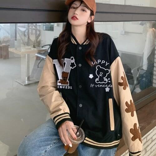 Women Cartoon Embroidery Bear Bomber Jackets College Teens Varsity Unisex Lady Baseball Jacket Autumn Winter Female Outwear 2021