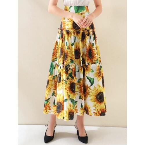 Customize Made Women Summer Fashion Casual Plus Size 3XL-10XL High Waist Floral Sunflower Print Maxi Long A Line Skirt