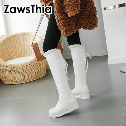 ZawsThia 2020 winter woman shoes warm plush faux fur inside platform wedges female boots knee high women snow boots big size 43
