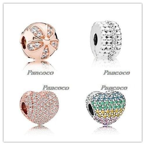 925 Sterling Silver Bead Rose Gold Pave Open My Heart Clip Charm Fit Pandora Women Bracelet & Necklace Diy Jewelry